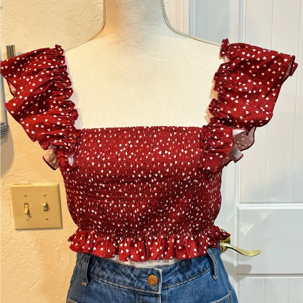 🇺🇸Red Ruffled Heart Print Women's Tube Top Size L❤️🤍💙